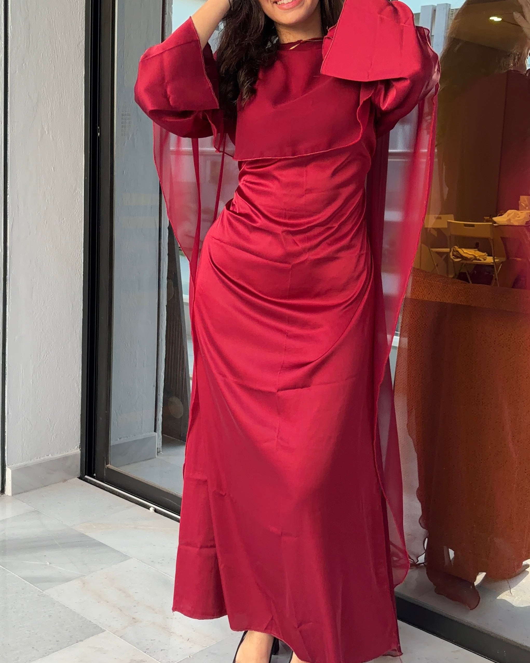 The silk cape dress in burgundy