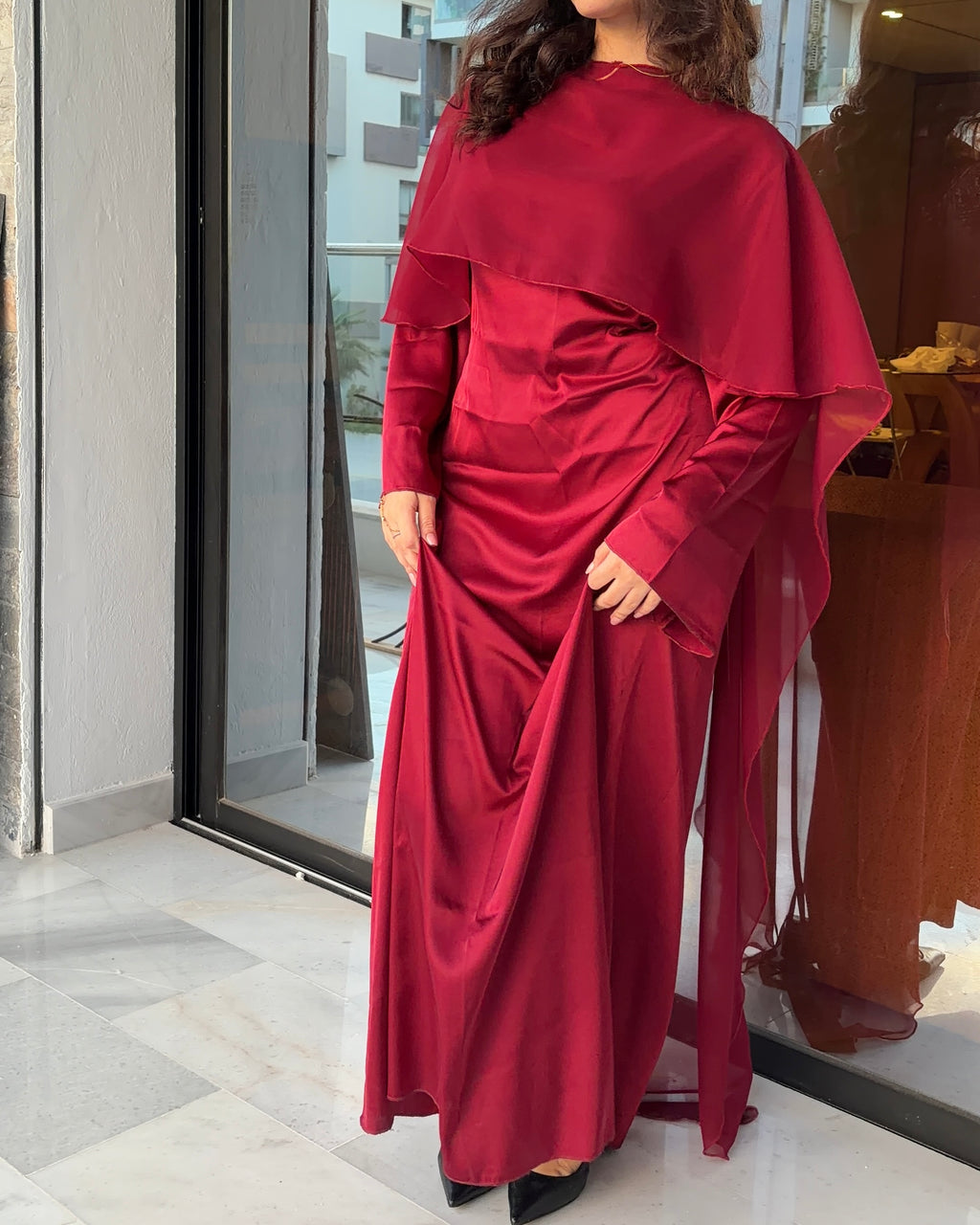 The silk cape dress in burgundy